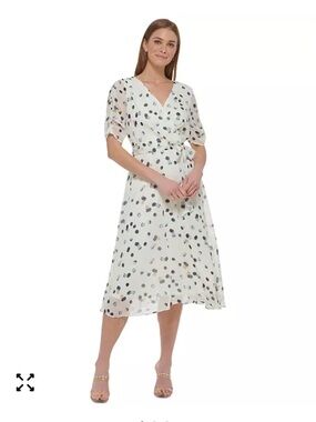 DKNY Chiffonn Midi Dress Surplice bodice ruched sleeves 16